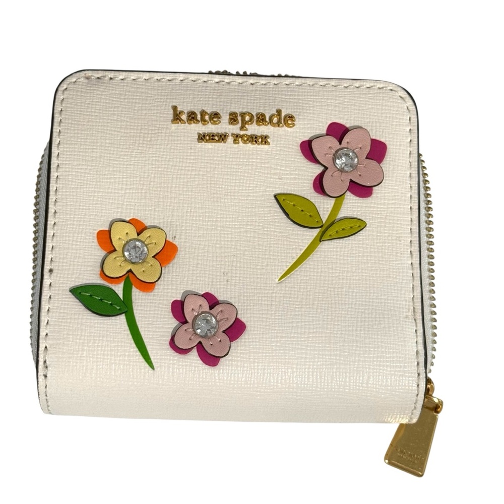 Kate Spade In Bloom Floral Appliqué White Saffiano Leather Small Compact Wallet